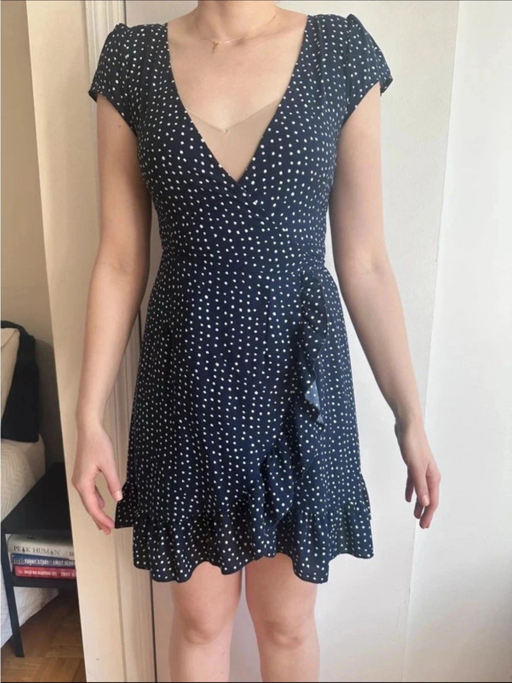 Navy White Polka Dot Mini Wrap Dress